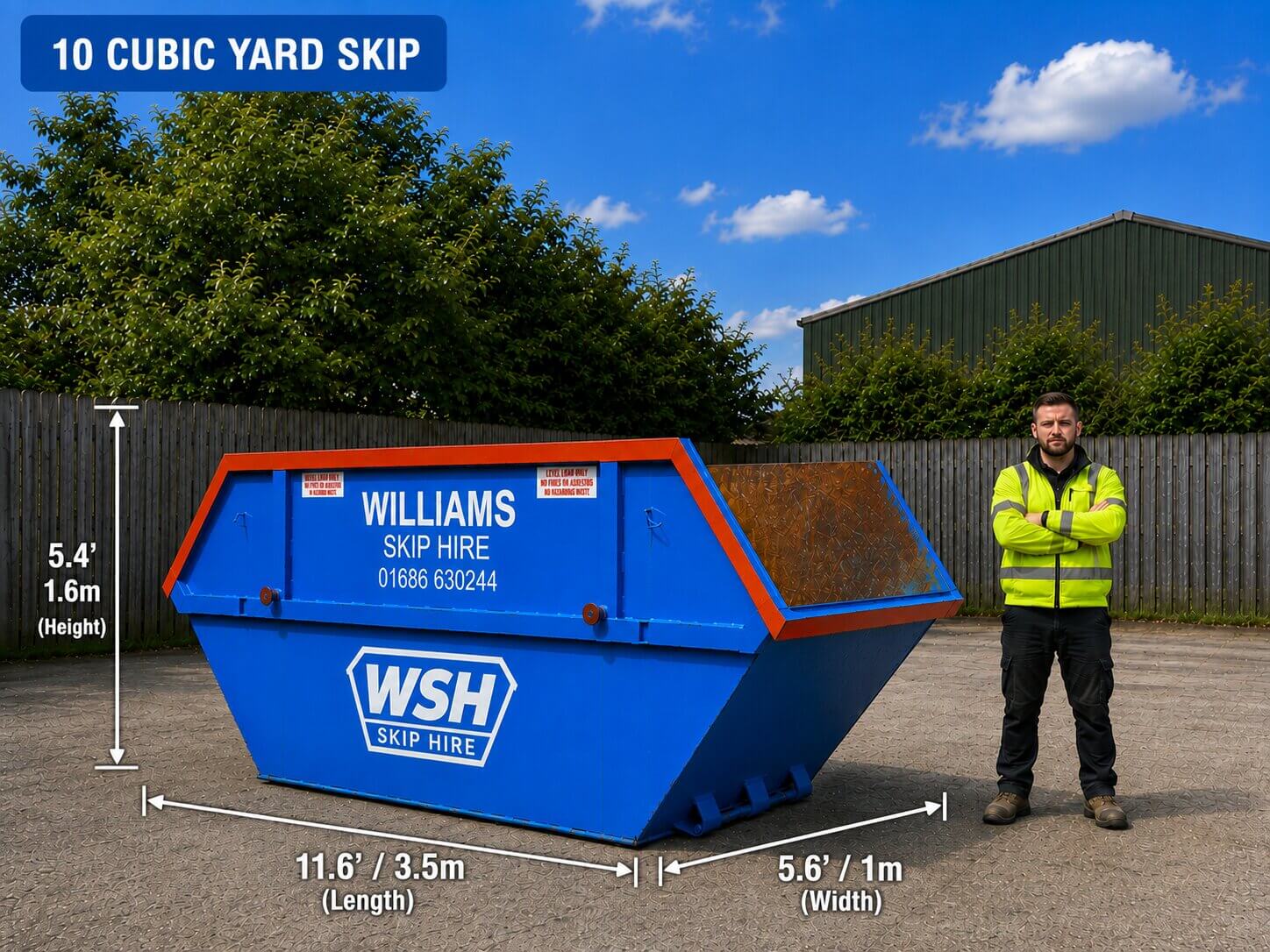 10 cubic yard skip with a person for scale and approximate dimensions