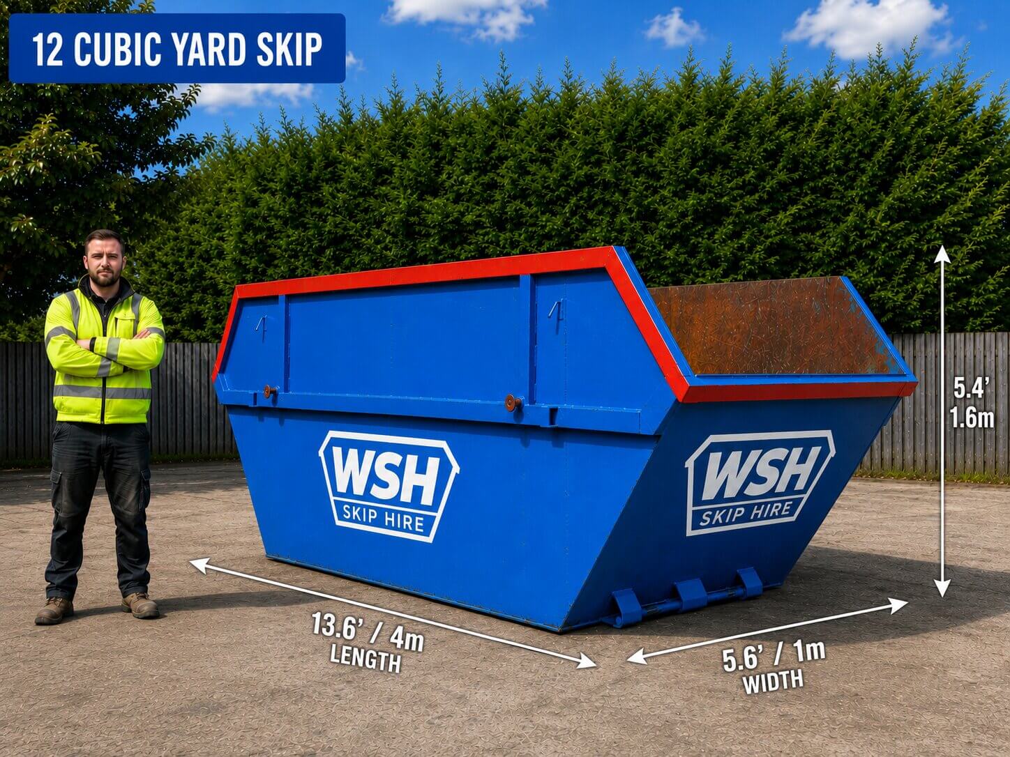 12 cubic yard skip with a person for scale and approximate dimensions