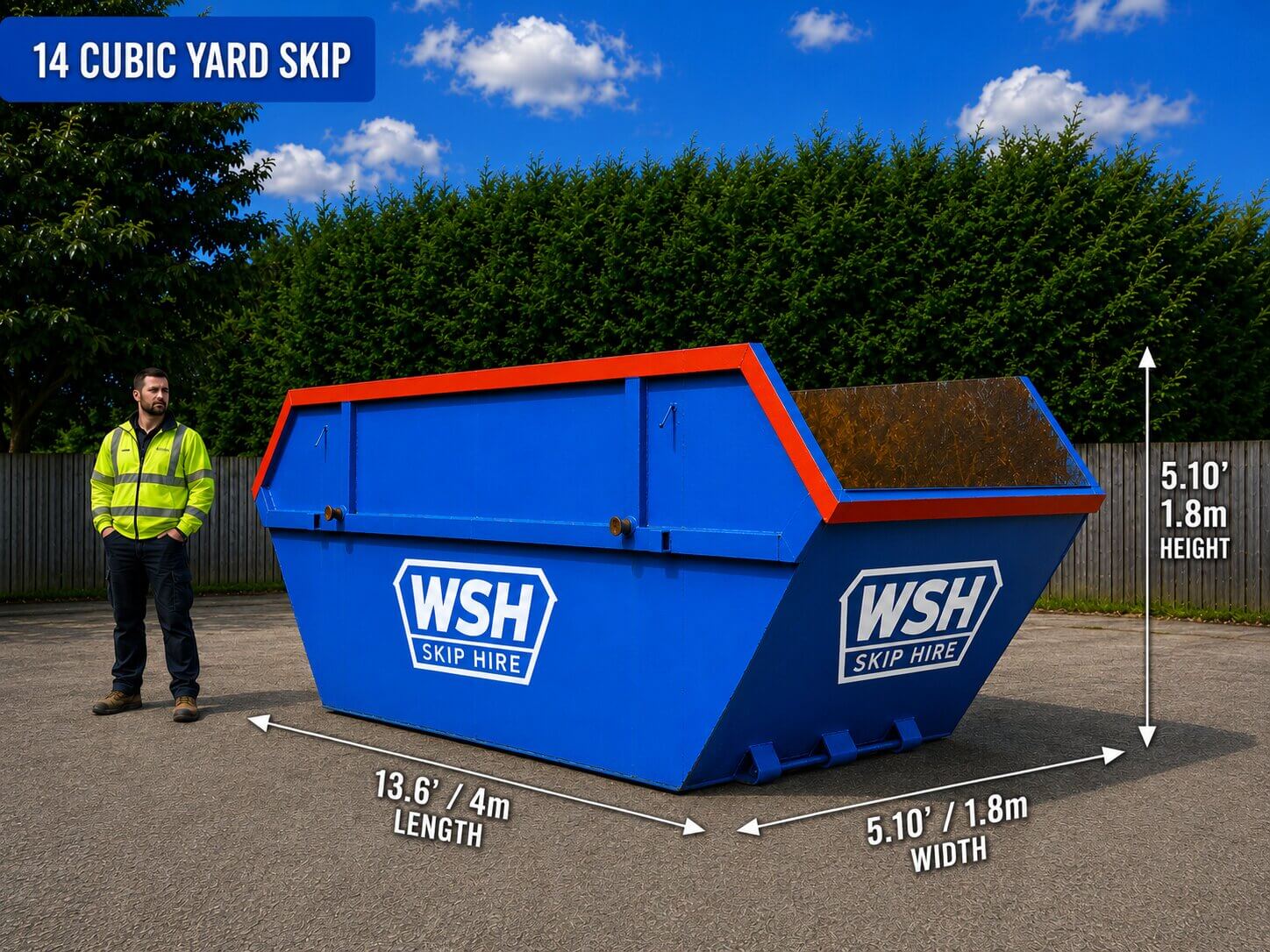 14 cubic yard skip with a person for scale and approximate dimensions