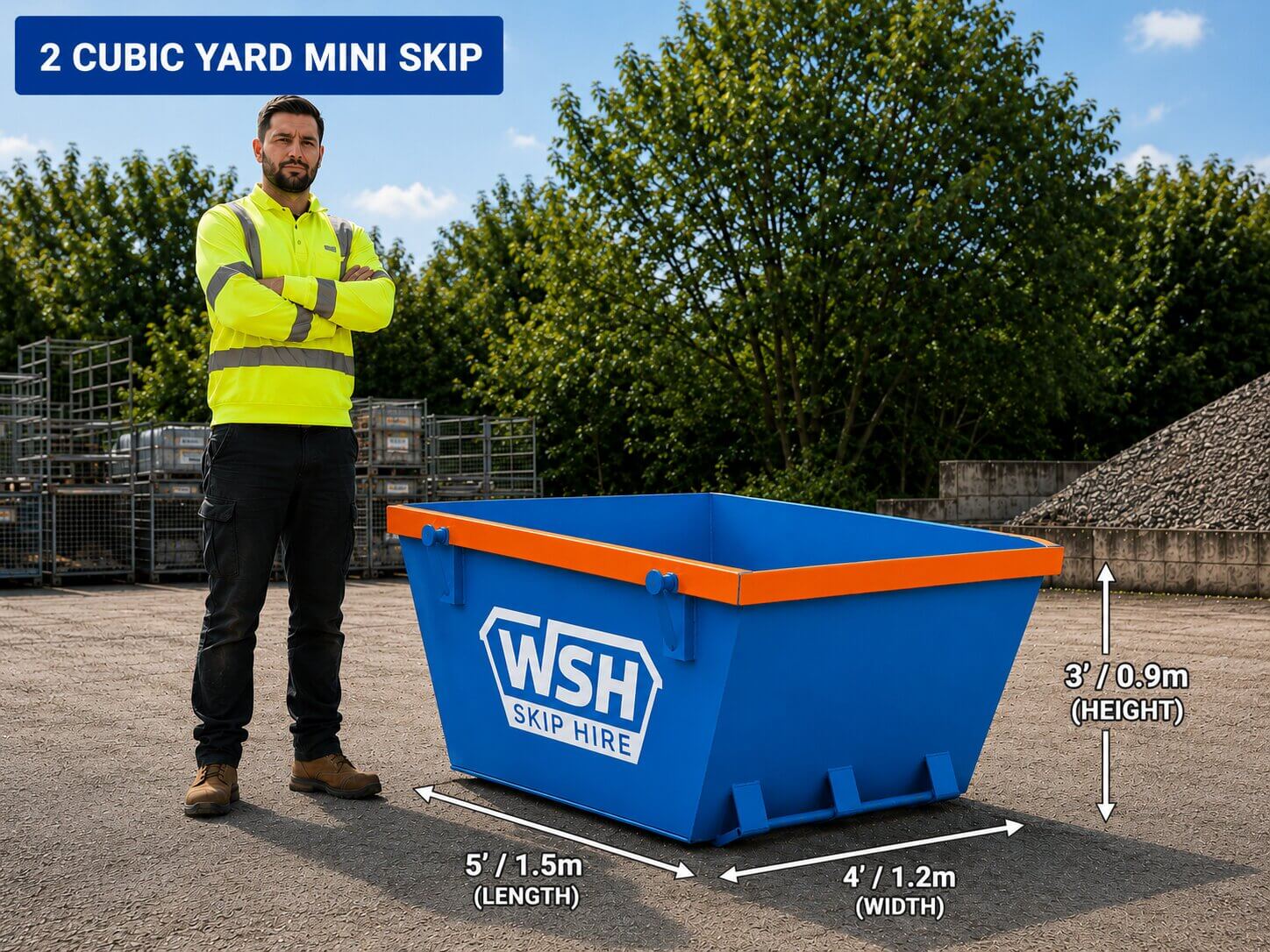 2 cubic yard mini skip with a person for scale and approximate dimensions