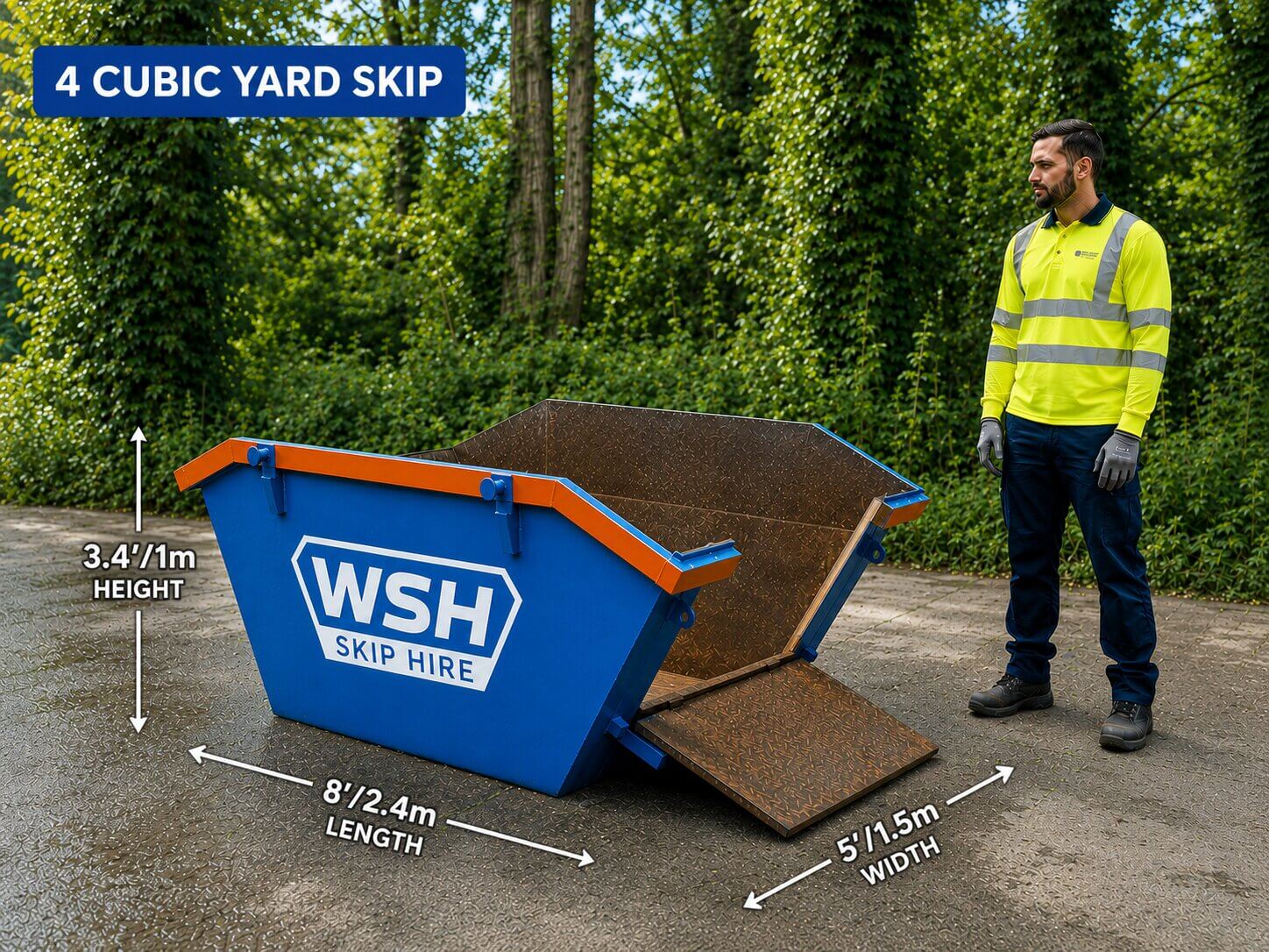 4 cubic yard skip with a person for scale and approximate dimensions